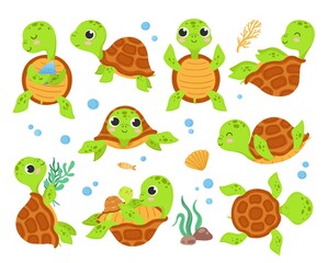 Cartoon turtles. Animal tortoise, smiling turtle different poses. Walk action running cute wild characters, isolated animals shell exact vector set