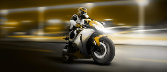 Motoradfahrer auf modernem Motorrad Motorbike mit hoher Geschwindigkeit und viel Speed schnell...