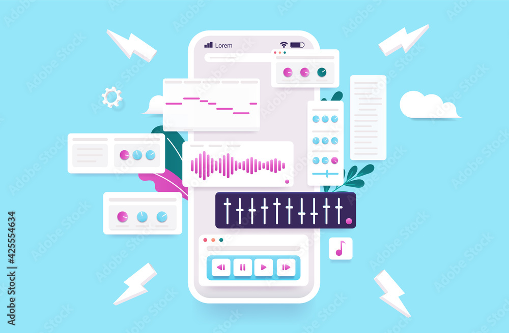 Poster music creation application on smartphone - phone with audio and musical elements popping out of scre