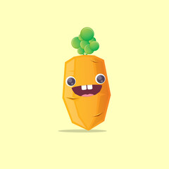 vector funny cute healthy cartoon carrot character isolated on pastel yellow background. funky smiling autumn vegetable character. Kawaii carrot