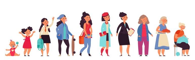 Different generations woman. Young women, age cycle or life stages. Cartoon baby, child adult and old female, isolated girl decent vector characters