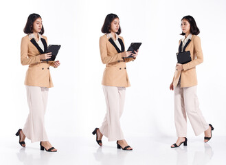 Full length Figure of 20s Asian Woman black short hair formal suit