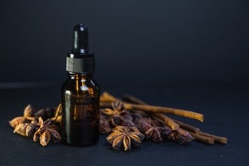 Aromatherapy at home for mind and body fulfilment. Essential oil vintage bottle surrounded by...