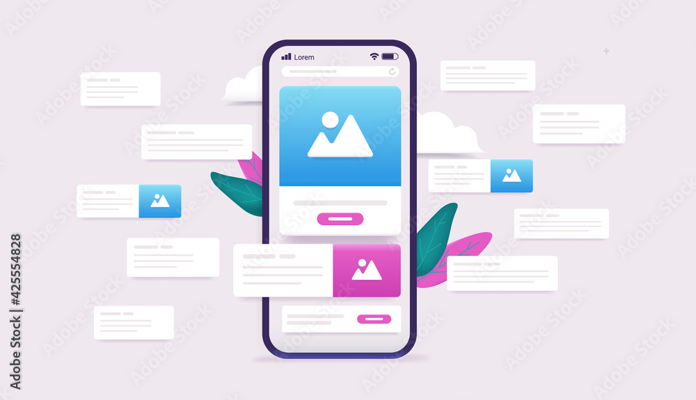 Poster Finding information online - Smartphone with internet browser, images, text and information floating around. Search result vector illustration.