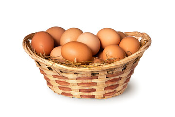 Chicken eggs in basket Isolated on white background. close up