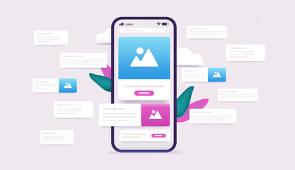 Finding information online - Smartphone with internet browser, images, text and information floating around. Search result vector illustration.