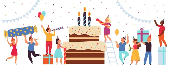 Fotobehang Birthday cake concept. Happy party, team greeting women. Adults business corporate holiday, pie with candles. Friends event decent vector banner © MicroOne