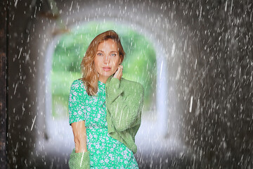 romance portrait rain girl, wet drops beautiful female