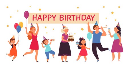 Happy birthday party concept. Family event, people celebrate and congratulate. Happy person with gift and cake decent vector festive banner