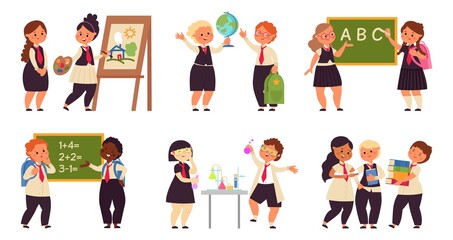 Kids on lessons. School girl on lesson, science children characters. Cartoon child study, collaboration in education. Students decent vector concept