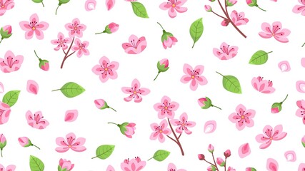 Pink flowers pattern. Blossom sakura, cherry tree floral ornament. Cloth print, romantic cute vector seamless texture