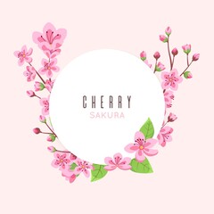 Sakura blossom. Peach cherry flowers, pink floral banner template. Cute female postcard, mother day vector background
