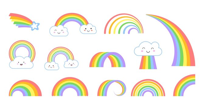 Naklejki Rainbows. Cartoon flat rainbow icons, funny symbol with kawaii face clouds. Kids weather symbols, isolated colorful arc and tail with star vector set