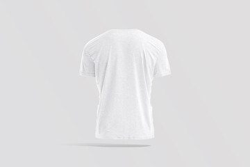 Blank white wrinkled t-shirt mockup, back view, gray background