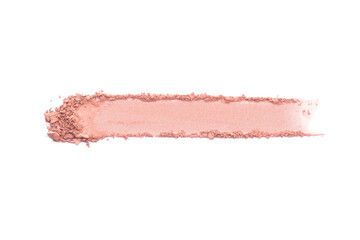 Crushed pink coral eyeshadow swatch isolated on white background. Sample of beauty make up cosmetics texture products.