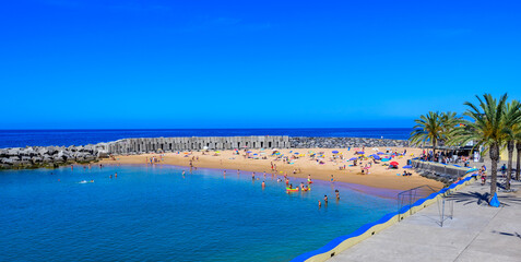 Praia da Calheta - paradise Beach in Madeira island, Portugal - obrazy, fototapety, plakaty