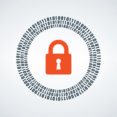 Abstract digital conceptual technology security with lock, binary circle code around lock. Stock Vector illustration isolated on white background.