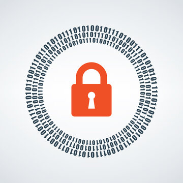 Abstract digital conceptual technology security with lock, binary circle code around lock. Stock Vector illustration isolated on white background.