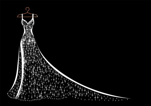 Hanging On A Hanger Is A Beautiful Lace And Sparkly Dress For Wedding, Evening Or Prom. Beauty And Fashion. Background Vector Illustration Template For Invitation, Flyer Or Card.