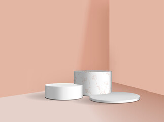 Cylinder podium with geometrical forms. 3D empty showcase for cosmetic product presentation