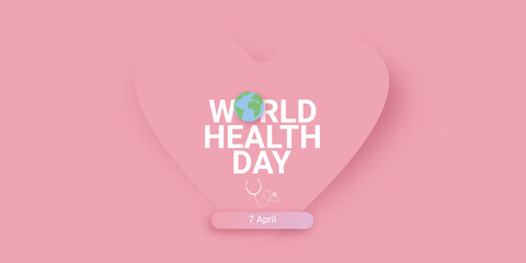 world health day pink concept banner with heart, earth globe and stethoscope.