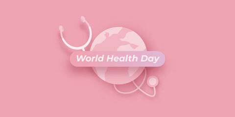 world health day pink concept banner with heart, earth globe and stethoscope.