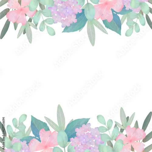 優しい色使いの北欧風オシャレなアジサイと植物の白バックフレームイラスト素材 Announcement Poster Announceme Melchi