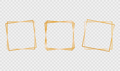 Double square shiny frames. Set of three gold double square frames on transparent background. Vector illustration. 
