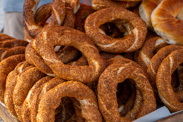 Popular Turkish simits bagels. Street food in Turkey. National food