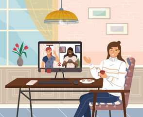 Friends talking to each other via video call, online conference. Girl communicating with girlfriends