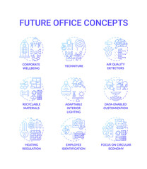 Future office concept icons set. Corporate wellbeing idea thin line RGB color illustrations. Heating regulation. Employee identification. Focusing on circular economy. Vector isolated outline drawings