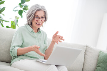 Photo of positive aged person sit on couch look laptop speak tell have good mood free time indoors