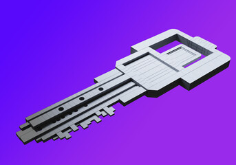 Electronic or digital key concept. Key of unusual shape as a metaphor for electronic digital signature. Digital key on a purple background. This is a metaphor for an electronic signature.