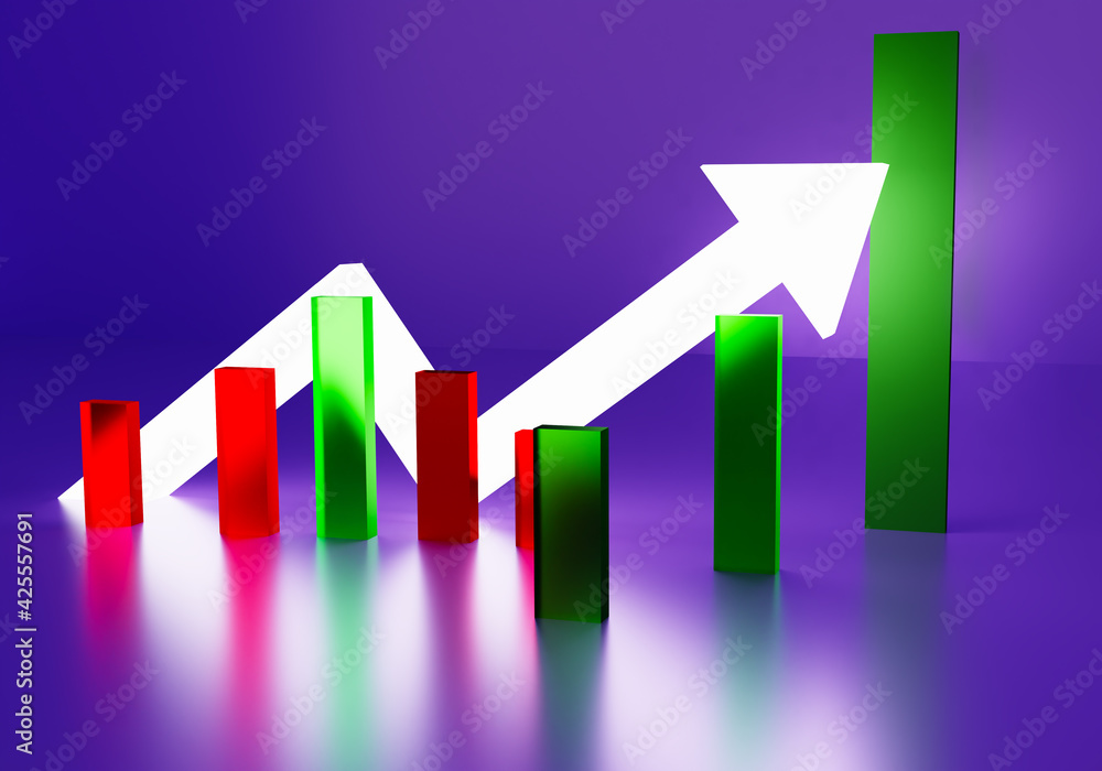 Poster illustration with three-dimensional graphics. white arrow next to multi-colored columns. concept - f