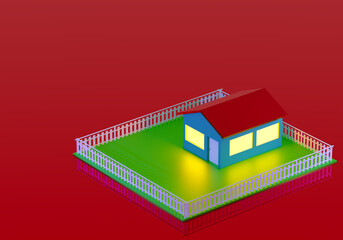 Layout of a farm and a country house with a fence. Farm and plot model on a red background. One-storey 3d house with a green lawn. Concept - sale of suburban real estate. Services with real estate