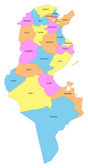 Carte de Tunisie avec représentation des gouvernorats - Textes vectorisés et non vectorisés sur calques séparés
