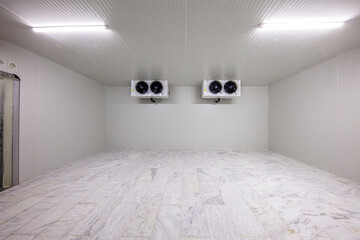 Warehouse freezer, Cold storage. Refrigeration chamber for food storage. an empty industrial room...
