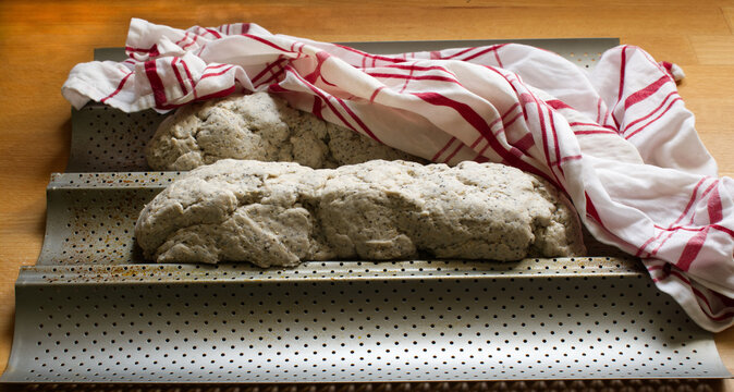 Fabrication maison,  de pain sans gluten, avant cuisson, compos&eacute; de farine de riz, de sarrazin, et de levain naturel ainsi que de quelques graines de chia et amarante