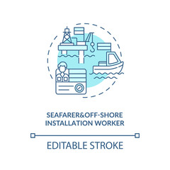 Seafarer and offshore installation worker blue concept icon. Maritime industry professions. Jobs for migrants idea thin line illustration. Vector isolated outline RGB color drawing. Editable stroke