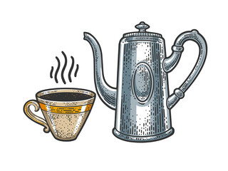 coffee cup and coffee pot sketch engraving vector illustration. T-shirt apparel print design. Scratch board imitation. Black and white hand drawn image.