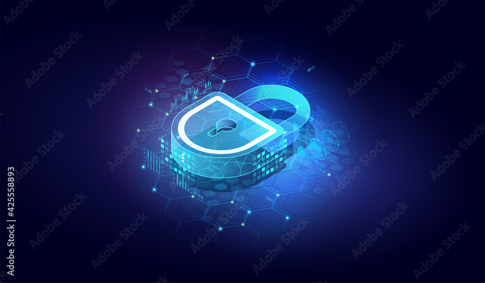 Poster abstract closed lock without key. isometric vector image on dark background. protect or security sym