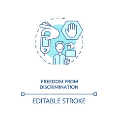 Fototapeta na wymiar Freedom from discrimination blue concept icon. Stop hate crimes, prevent violence, abuse. Migrant worker rights idea thin line illustration. Vector isolated outline RGB color drawing. Editable stroke