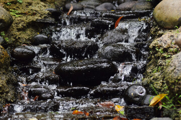 fresh Small waterfall with black rocks in the forest