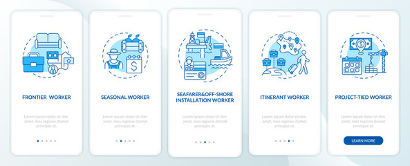 Fototapeta na wymiar Migrant workers types blue onboarding mobile app page screen with concepts. Immigrants walkthrough 5 steps graphic instructions. UI, UX, GUI vector template with linear color illustrations