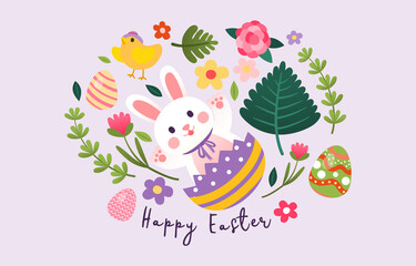 Easter Rabbit in Easter Egg with Chick, Leaves, Egg and Flower Collection