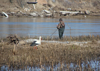 Fototapeta na wymiar angler fishing for fish in the early spring by the river, white stork in the foreground, rest by the water