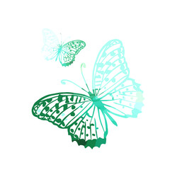 Blue-green butterflies. Mixed media. Vector illustration