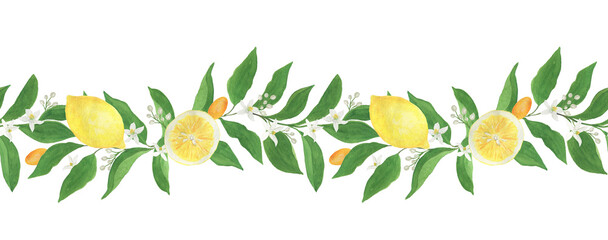 Watercolor painting seamless border with citrus leaves, flowers, fruits on white background