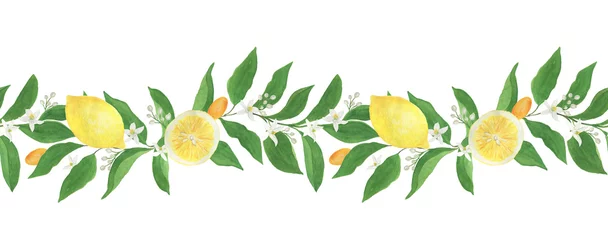 Foto op Plexiglas Watercolor painting seamless border with citrus leaves, flowers, fruits on white background © ramiia