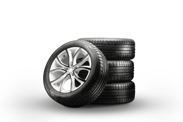 Fototapeta summer tires and wheels-stack on a white background obraz